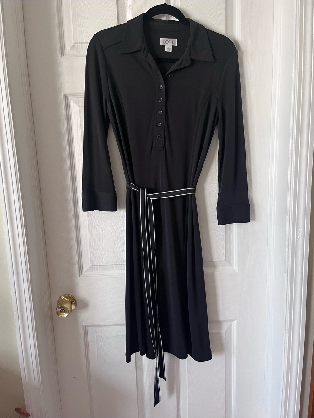LOFT Navy Blue Midi Dress with Striped Waist Tie